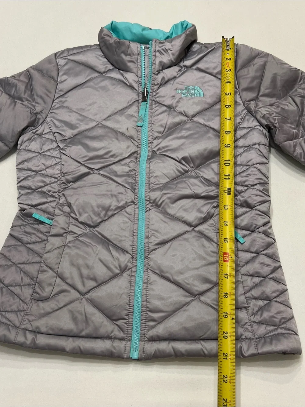 The North Face 550 Goose Down Puffer Quilted Winter Jacket Girls Med Silver/Teal